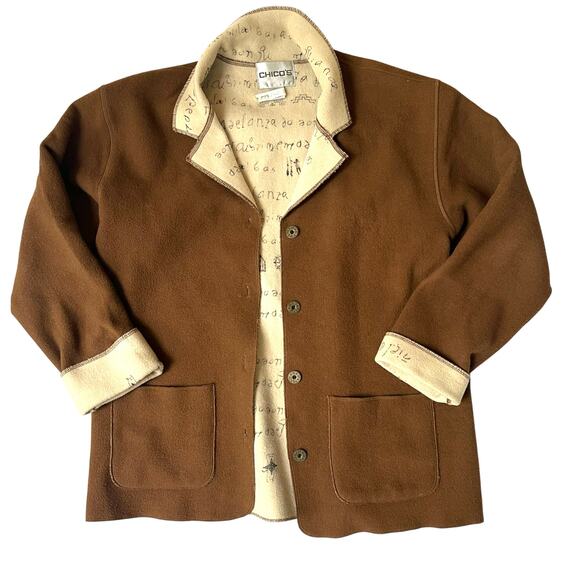 Chico’s Wool Blend Button Jacket Hieroglyphic Print Lining Brown Size 1 (M) - Picture 6 of 12